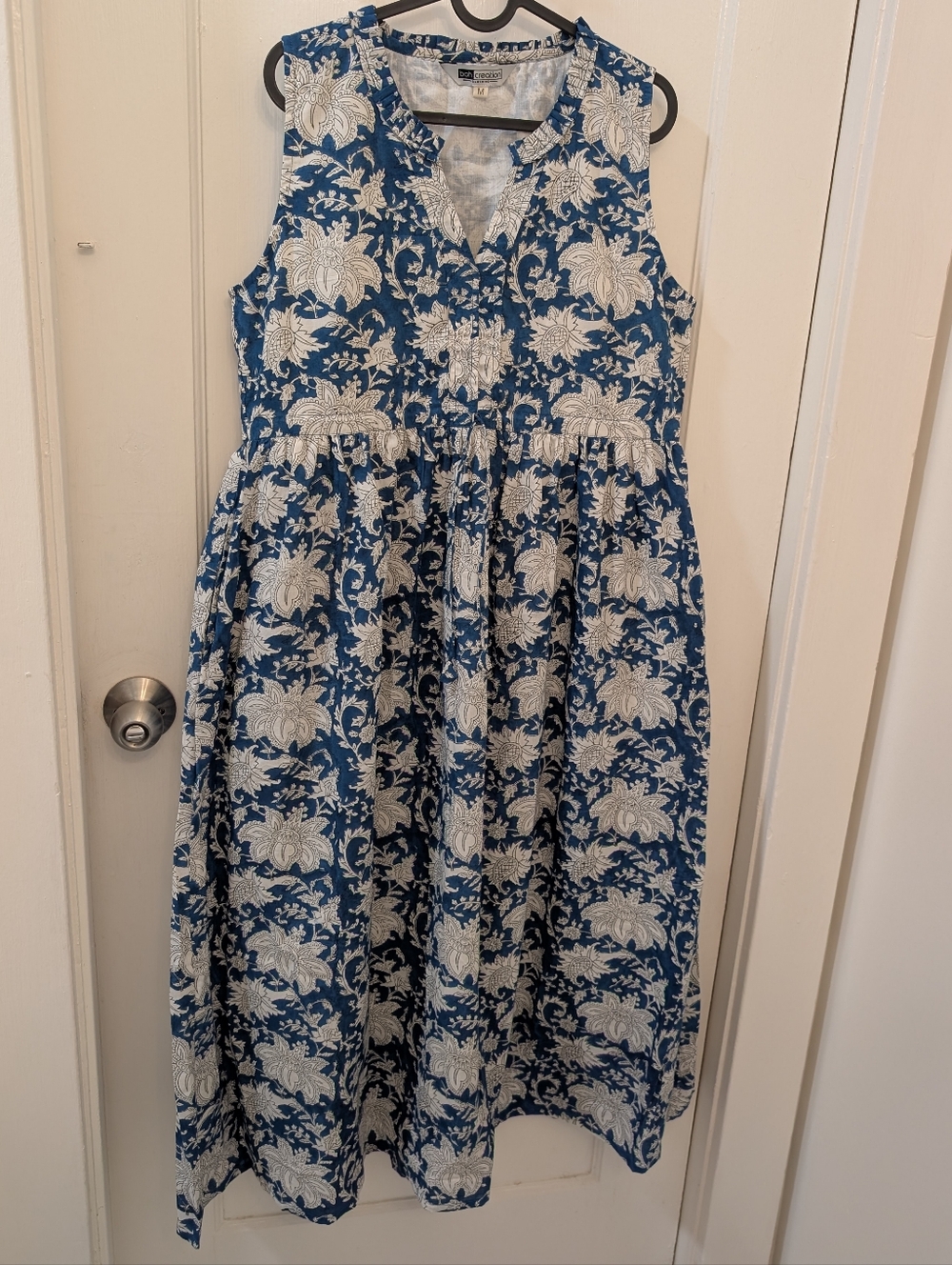 boh creation Maxi Midi Dress Indian Block Print Pockets Cotton Blue Tie Size M